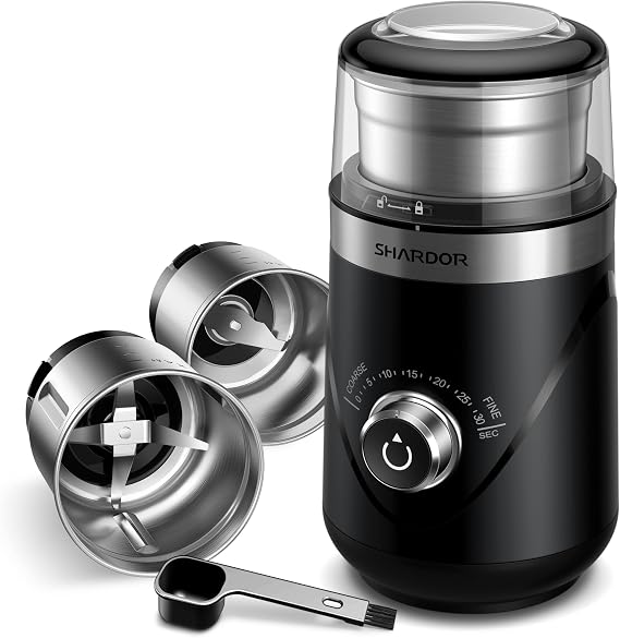 SHARDOR Coffee & Spice Grinder Electric,Time Adjustable Coffee Bean Grinder | 2 removable cups grinder for kitchen for wet & dry spices, coffee beans, nuts, herbs,masala, garlic, ginger and onion.70g