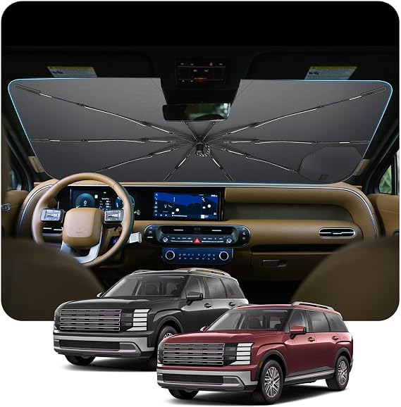 for Umbrella Sunshade for Car Windshield 2020-2025 Hyundai Palisade Custom Fit Windshield Sun Protector Cover 6-Layer Heat-Resistant Fabric, Ultra-Strong Fiberglass Frame (for 2020-2025 Palisade)