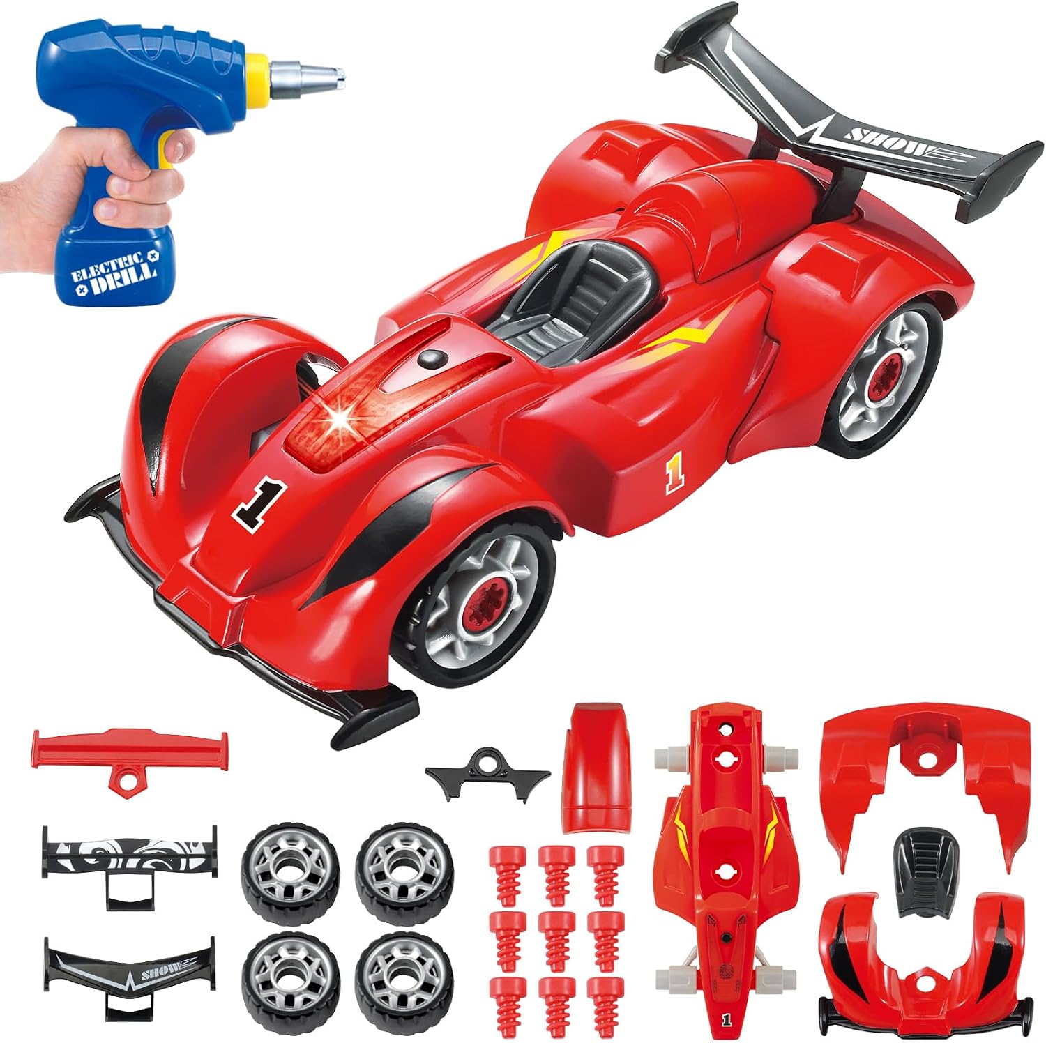 Pup Go F1 Take Apart Toys, 2 in 1 Build Your Own Racing Car Kit with Electric Drill Tool, 24 Pieces Construction Set, Building Toys for Age 3 4 5 6 7 8 Year Old Boys, STEM Construction Toys for Kids