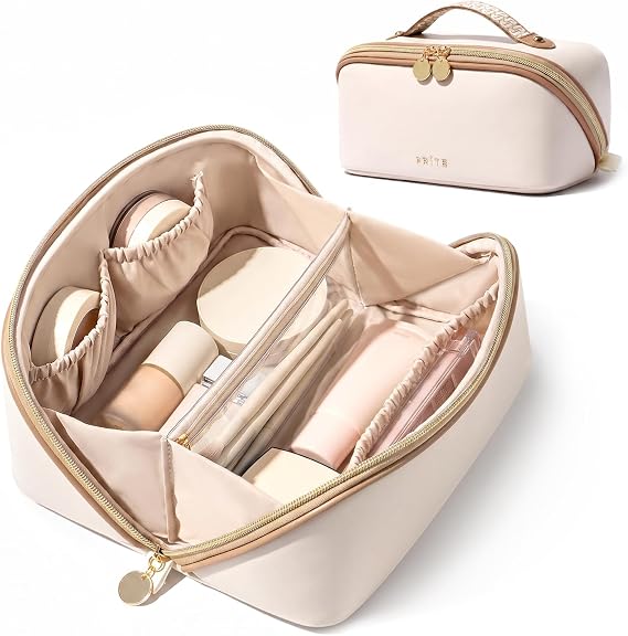 Prite Travel Makeup Bag Flat Lay Cosmetic Case with Brush Pocket