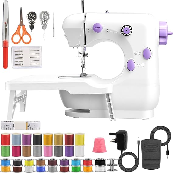 Beginner Sewing Machine for Kids & Adults, 42 Pcs Sewing Kit Included, 2-Speed, Lightweight Portable Electric Sewing Machine for Home DIY, Crafts, Mending, Repairing - Purple & White