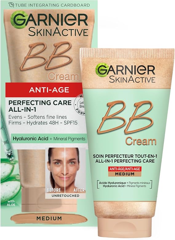 Garnier SkinActive Anti-Age BB Cream in Shade Medium, SPF15, 50ml | Tinted Moisturiser, With Hyaluronic Acid, Aloe and Mineral Pigments, Brightens and Evens Skin, Cruelty Free & Vegan