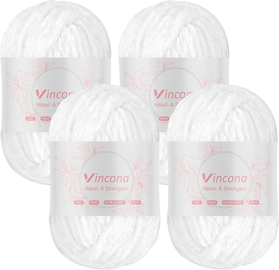 Vincona Chenille Yarn 4 x 100g Super Soft Chunky Yarn for Knitting and Crochet Yarn Clothes, Handbag, Shoes Hats Sweaters Blankets Scarves，DIY- Ideal for Beginners Adults White