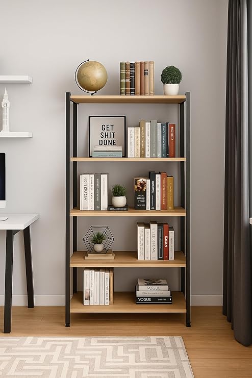 5 Raflı Metal Kitaplık Çok Amaçlı Raf Kolay Montaj Pratik Mutfak Banyo Rafı Ofis Dosya Rafı Safir Meşe