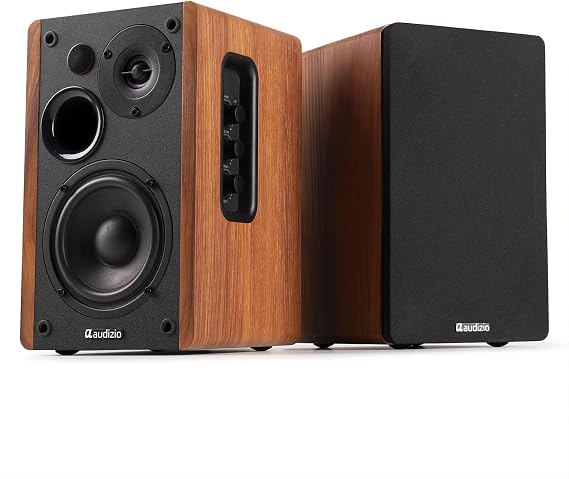 Audizio KS01 Active Bluetooth Bookshelf Speakers, 80W HiFi Home Audio – Stylish Wood Finish, Wireless Streaming, 2 RCA Inputs, DSP Technology, Remote, Bass & Treble Control, 4" Woofer