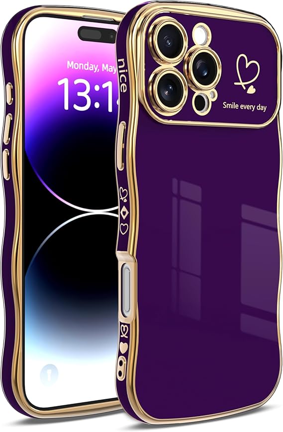 IAIYOXI iPhone 17 Pro Max ケース iPhone 17 Pro Max 用 レディース ガールズ - カーリーシェイプのキュートなウェーブデザイン ハート柄 盛り上がったカメラ保護 高級メッキ加工 耐衝撃 iPhone 17 Pro Max, ダークパープル