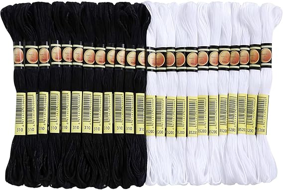 Embroidery Threads, Cross Stitch Threads Tools Black and White, 24 Threads (12 White and 12 Black), 8 Metres Each, for Embroidery, Crosses and Crafts