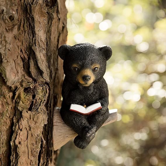 Sitting Bear Tree Hugger with Solar LED Light, Baby Bear Reading Book Garden Statue, Resin Animal Figurine Outdoor Decor, Yard Art Sculpture for Lawn, Yard, Patio, Porch Ornaments