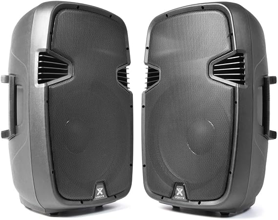 VONYX SPJ-1500A 15" Active PA Speakers Pair with Built-in Amplifier, Integrated Mixer, Bass and Treble Controls - 1600W DJ Sound System for Live Events, Parties and Stage Performances