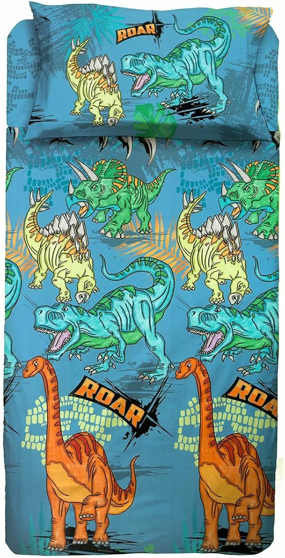 hermet Dinosaurs, Single Bed Sheet Set, Single Bedroom, Complete Bed Set, Top Sheet, Fitted Sheet, Pillowcase, 100% Cotton, Light Blue