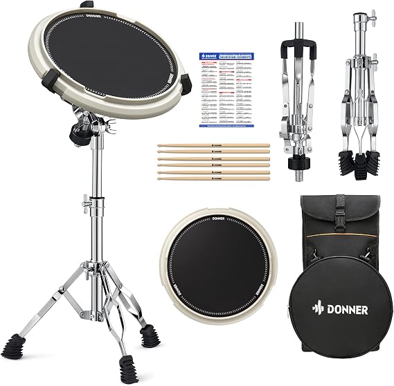 Donner Drum Practice Pad Training Drum Set with Snare Drum Stand Kit, Quiet, High Rebound, Stand, Drumsticks x3, with Storage Bag, Easy to Carry, for Students, Adults, Beginners, 12 Inch, White