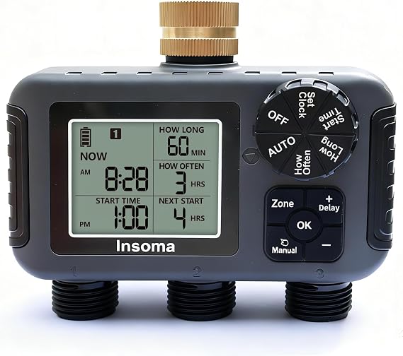 Insoma 3-Zone Sprinkler Timer with Brass Inlet + IPX5 Waterproof | Programmable Auto/Manual Watering Mode with Rain Delay & Large LCD | Water Hose Timer 3 Outputs for Garden