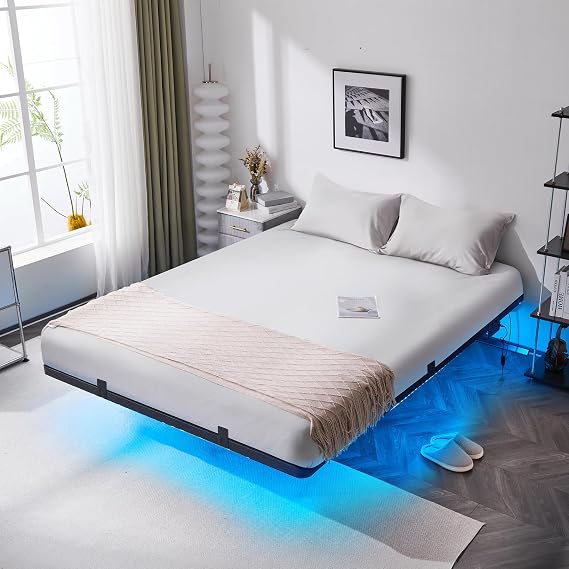Bonnlo Floating 4ft6 Double Bed Frame with LED Light & Charging Station