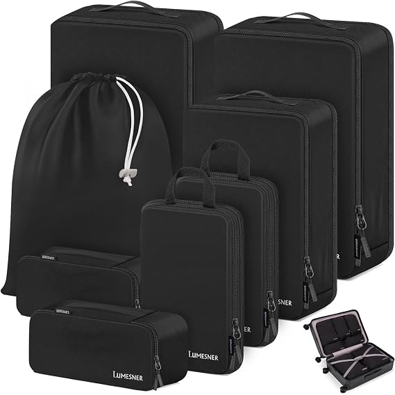 Compression Packing Cubes, Lumesner 8 Set Travel Essentials Packing Cubes for Carry on Suitcases, Compression Suitcase Organizers Bag Set & Travel Cubes (8-piece, Black)
