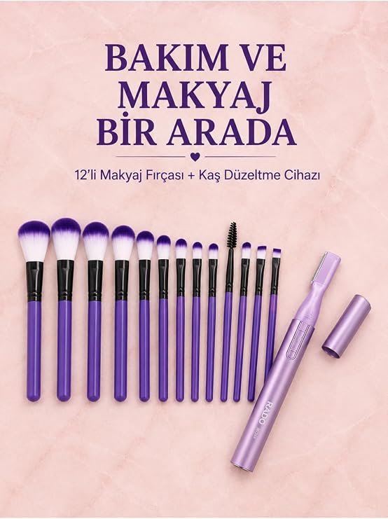 My Best Store 12’li Mor Makyaj Fırça Seti ve Kaş Düzeltme Cihazı Kadın Makyaj ve Kişisel Bakım Seti
