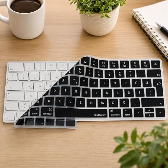 McStorey Apple Magic Keyboard 2 Uyumlu A1644 Klavye Koruyucu – Türkçe Q Silikon Kapak – Ultra İnce 0,3mm – Toz, Sıvı & Kir Koruma – Şeffaf/Siyah