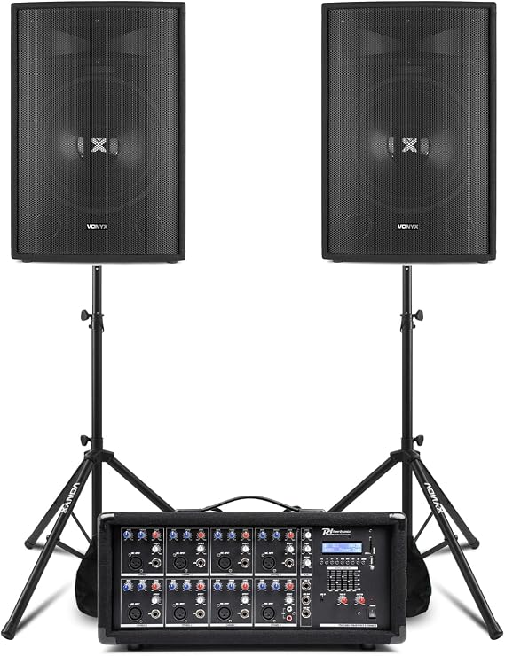 Vonyx SL15 PA System with Powered Mixer, Dual 15" Passive Speakers, Stands & Cables – 800W Band, Church & Singer Sound Package
