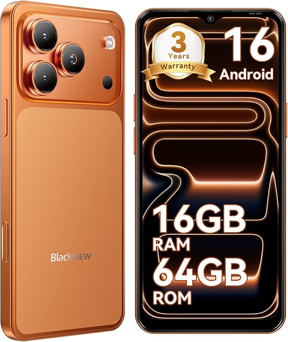 Blackview Wave 7C Smart Phone Android 16 SIM-Free Unlocked Orange | Everyday 4G phone for calls, messaging, browsing, video and maps, with 32MP camera, Face Unlock, Dual SIM