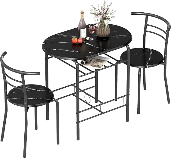 HOMCOM 3-Piece Dining Table and Chairs Set Marble-Effect Top Black