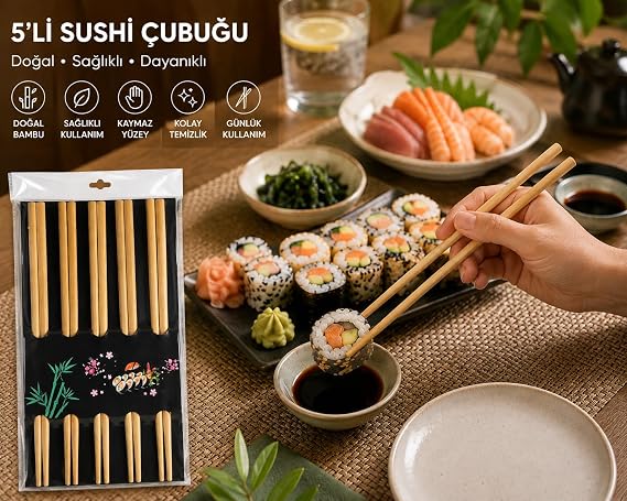 Bambu Yemek Çubuğu Seti, Sushi ve Asya Mutfağı için, 5 li set10 Adet