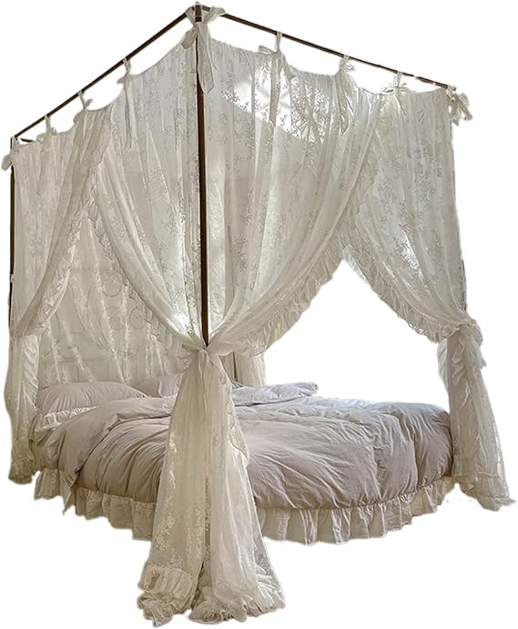 Canopy Bed Curtains, Three-Opening Lace Princess Bed Canopy, 4 Corner Post Hanging Curtains with Ties Fit 4.92ft