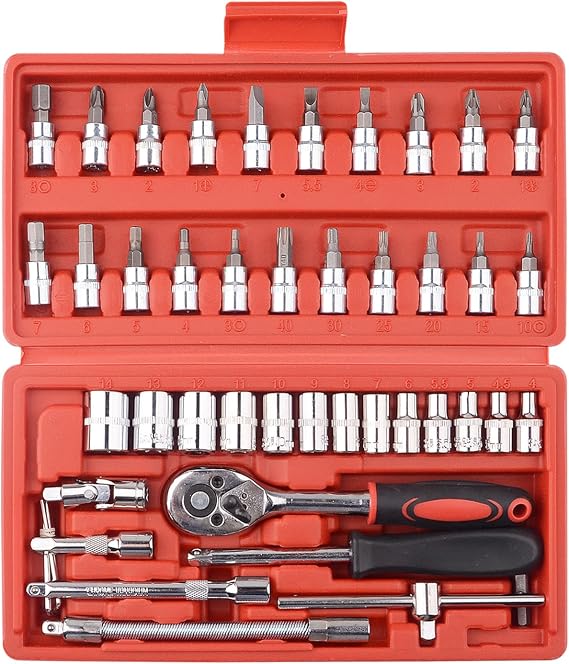 DAYUAN 46 Piece 1/4" Drive Socket Wrench Driver Bits Metric Set Flexible Extension Rods with 72 Teeth Reversible Ratchet Spanner for Car Bicycle Motor