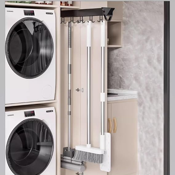 Multifunctional Slide Broom Holder Organizer Rack for Kitchen, Closet, Home, Garage Hanging Storage Solution