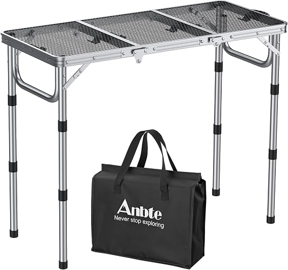 Anbte 3ft Folding Grill Table With Storage Bag, 3 Adjustable Height 27.5" Aluminum Portable Grill Table, Heat Resistant, Lightweight, Portable Handle For Bbq Cooking Camping Travel, 35" X 16", Silver