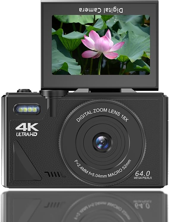 Digital Camera, Autofocus UHD 4K Vlogging Camera with 3 Inch Flip Screen, 75MP 18X Digital Zoom Anti Shake Video Camera, Compact Travel Camera for Kids Teens Adult (Black)