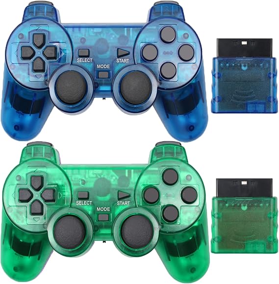 Hovlian Wireless Controller for PS2,Built-in Dual Vibration 2.4G Gamepad Joystick Compatible for Playstation 2 (2PACK, Clear Blue and Clear Green)
