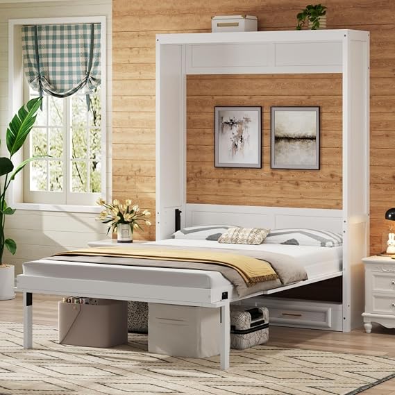 Full Size Murphy Bed with Storage Drawer, Foldable Murphy Hidden Wall Bed with Headboard, Space Saving, Wood Slats Support No Box Spring Needed, for Boys Girls Adults, Beige