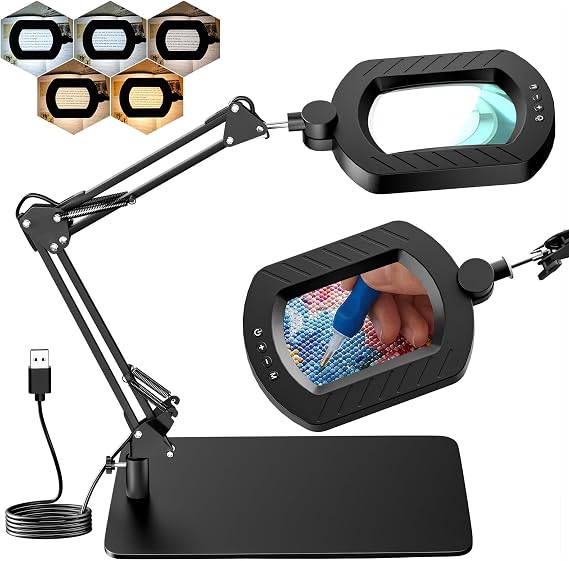 KIBTOY Magnifying Glass with Light and Stand Magnifying Lamp 12x Magnification with 144 LEDs and Real Glass Lens 10 Brightness Levels and 5 Colour Modes Sturdy Metal Stand Ideal for Crafts