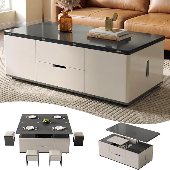 Guyii Lift Top Coffee Table with 4 Stools, 3 in 1 Multi-Function Center Table, Modern Lift Tabletop Coffee Table, Extendable Dining Table for Living Room (47.24 Inch)