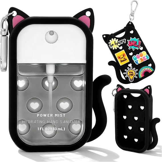 Cat Silicone Case for Touchland Hand Sanitizer Spray Cute Protective Case Compatible with Touchland Portable Hand Sanitizer Holder Keychain with 6 Charms for Power Mist and Glow Mist 1 Fl Oz