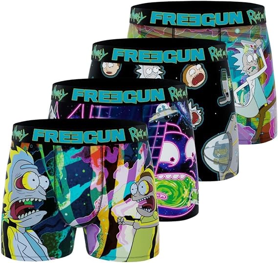 FREEGUN Men's Multisport Boxer Briefs, Men's Underwear, RICK AND MORTY, Non-Slip and Sweet Belt (Lot of 4)