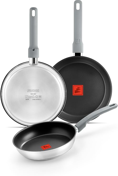 Monix Elite Non Stick | Set of 3 Frying Pans 20-24-26 cm, 18/10 Stainless