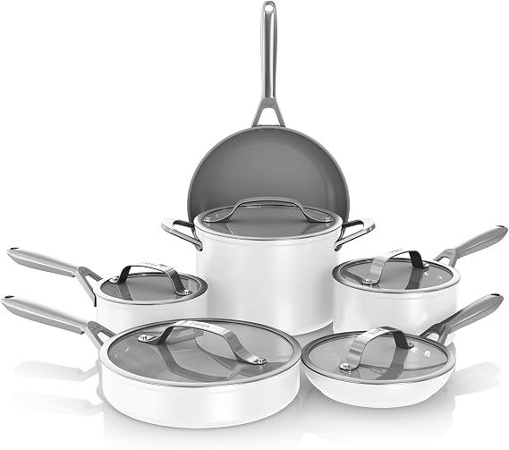Ninja NeverStick Ceramic Pro 11-Piece Cookware Set, Non-Stick Pots and Pans, Glass Lids, Ceramic Coated, Stainless Steel, Stove to Oven Safe, All Stovetops, Induction Compatible, White, CW39011WH