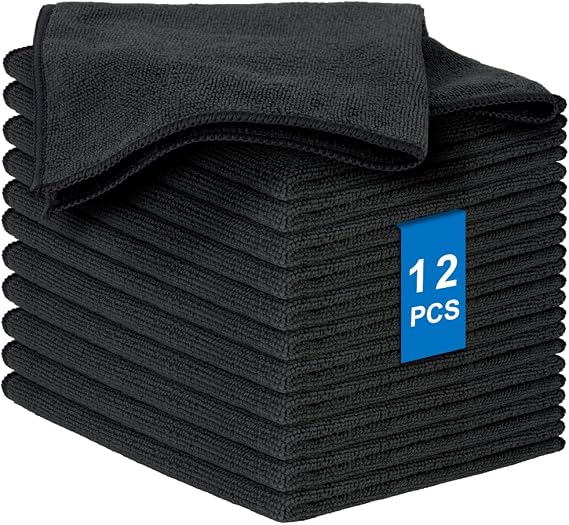 Microfiber Cleaning Cloths, 12 Pieces Multipurpose Cleaning Towels Reusable Microfiber Kitchen Cloths Highly Absorbent Streak Free Rags Size 30 x 30cm (Black)