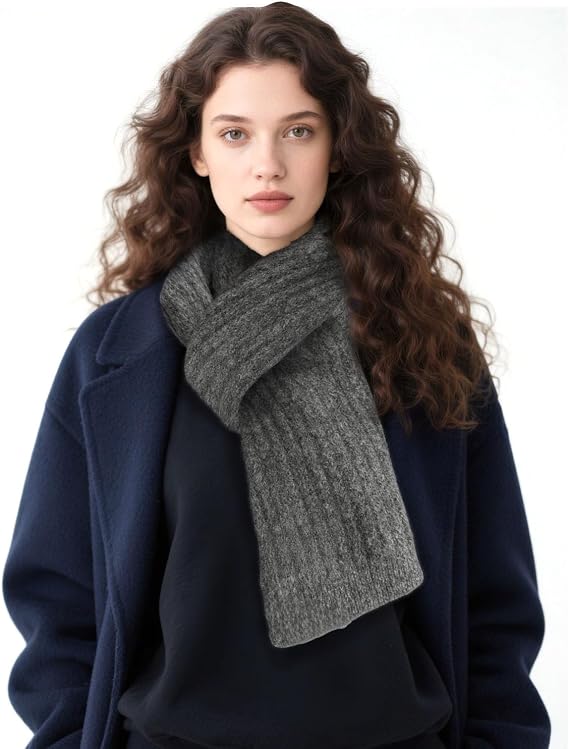 Chic Faux Wool Winter Scarf for Women, Soft and Cozy Long Knitted Scarf, Stylish Ladies Accessory for Commuting, Casual Solid Color, Dark Grey