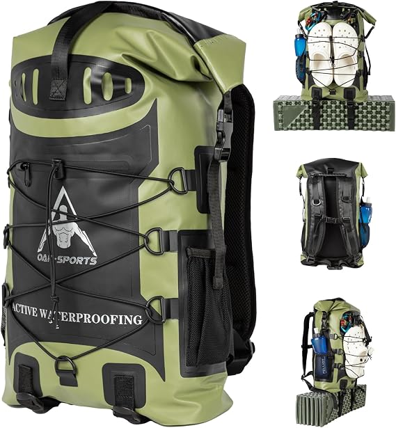 Oak-Sports Dry Bag Waterproof Backpack 5L/10L/20L, Roll Top Lightweight Beach Bag with Double Zipper Seal for Swimming, Kayaking, Hiking, Boating, Adjustable Shoulder Strap (Green, 55L)
