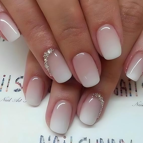 24Pcs False Nails Short Square, Gradient White Pale Pink French Fake Nail, Square Press on Nails with Elegant Design, Stick on Nail for Women Girls Nails Art (Pink,Silver Glitter, One Size)