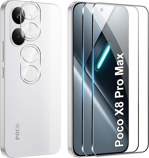 Xiaomi Poco X8 Pro Max 5G用スクリーンプロテクター カメラレンズプロテクター付き 硬度9H 傷防止 強化ガラスフリム ケースフレンドリー 指紋防止 傷防止 2+2パック