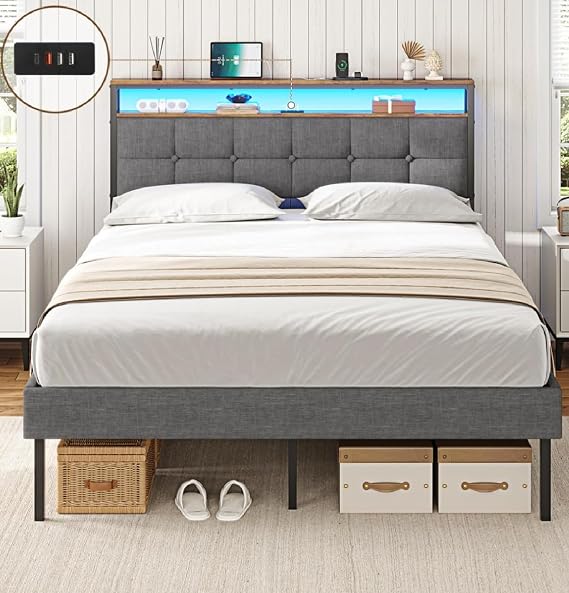 AOGLLATI 4ft6 Upholstered Platform Bed Frame 135x190 With LED Lights & Charging Station,Double bed frame with Storage/Strong Metal Slats Support/Under Bed Storage/Noise Free (Double-135x190cm)
