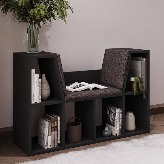 Livora Minderli Kitaplık - Oturma Alanlı 103 cm Minimalist Tasarım, Antrasit