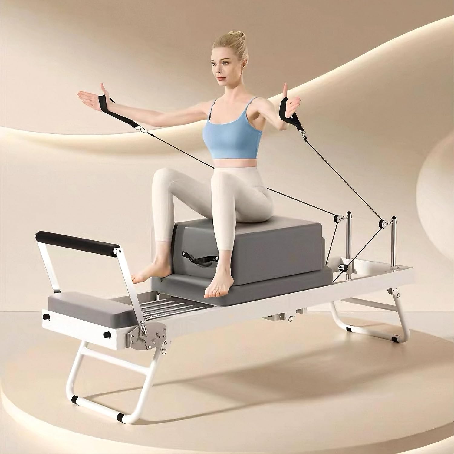 Warayumi Pilates Reformer, Folding Pilates Machine, Strength Training Machine, Pilates Training Bed for Home with Wheels for Easy Moving, Fitness Equipment, Pilates Sliding Board, Push Up Board
