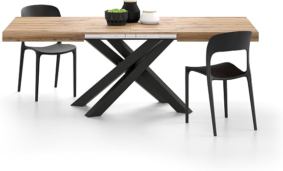 Mobili Fiver, Emma 140(220) x90 cm Extendable Table, Rustic Oak with Black Crossed Legs, Made In Italy