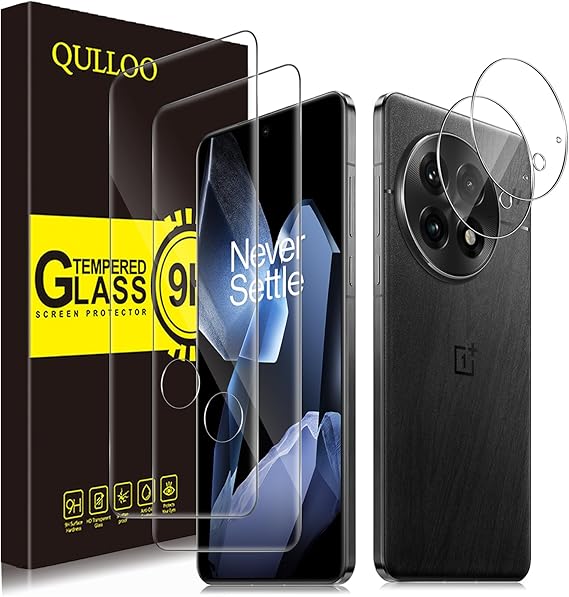 QULLOO Protector de pantalla para OnePlus 13, [paquete de 2+2] vidrio templado de cobertura completa y protector de lente de cámara, película protectora de vidrio HD antiarañazos de fácil instalación