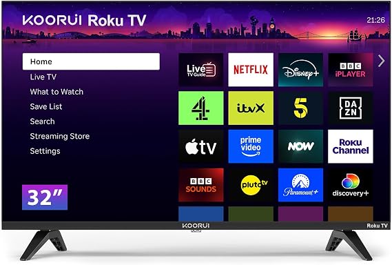 KOORUI Roku TV 32" Smart TV, 32 Inch HD TV with Apple TV+ Netflix Freeview, DVB-T2/T Dolby Audio HDMI USB Television, Small TV for Small Lounge Bed Room