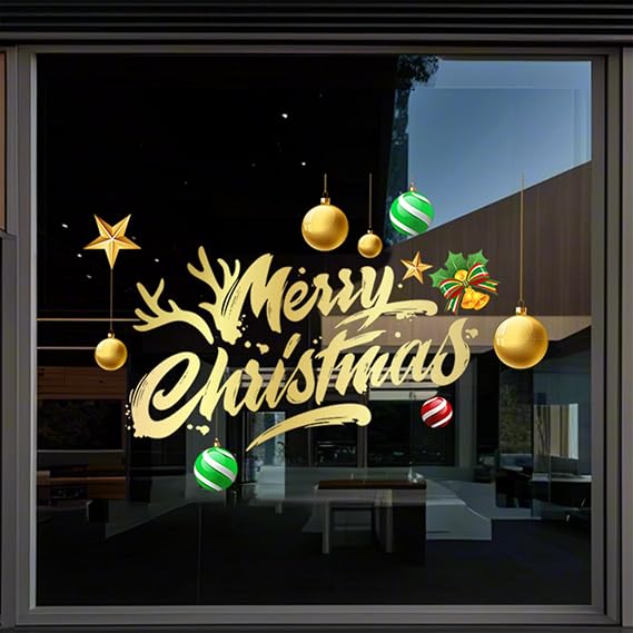 Large Merry Christmas Window Stickers Decorations - Gold Bauble & Lettering Design, Festive Shop Window Decorations for Holiday Display, Reusable Xmas Window Decorations (Merry Christmas)