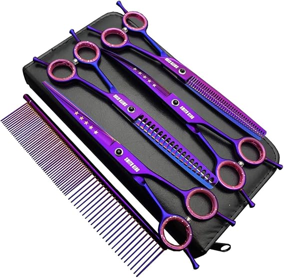 7.0 Inch Professional Dog Grooming Scissors Set Straight & Thinning & Curved & Chunker & Comb 5 Pieces in 1 Set for Left-Handers & Right-Handers